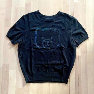 Teddy Fresh Women's Black Top with Blue Sequins Bear Head Blouse size Medium